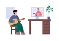 Man learning guitar online via computer, cartoon vector illustration isolated.