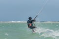 Man learning kitesurfing, men at kiteboarding school. Kite surf lessons in the Canary islands, Fuerteventura. boy doing the water