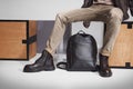 Man with leather backbag Royalty Free Stock Photo