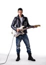 Man in Leather Jacket Playing Electric Guitar Royalty Free Stock Photo