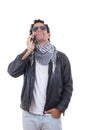 Man in a leather jacket talking on the phone Royalty Free Stock Photo