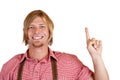 Man in leather trousers points with finger up Royalty Free Stock Photo