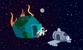 Astronaut Leaving Home Earth on Fire Vector Illustration Royalty Free Stock Photo