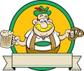 Man in lederhosen holding a beer and a pretzel inside of a graphic circle with a banner.