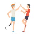 Man with Leg Prosthesis Giving High Five to His Friend, Friendship and Support, Person Enjoying Full Life Vector