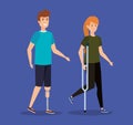 Man with leg prosthesis and woman walking with crutches