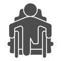 Man without leg wheelchair solid icon, disability concept, disabled man sitting wheelchair without leg sign on white