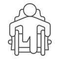 Man without leg wheelchair thin line icon, disability concept, disabled man sitting wheelchair without leg sign on white