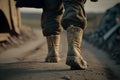 man legs with boots walking a ground round Generative AI