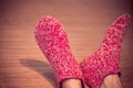 Man Legs in red Wool Socks male knitted clothes winter Royalty Free Stock Photo