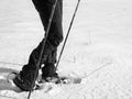 Man legs with snowshoes walk in snow. Detail of winter hike in snowdrift, snowshoeing Royalty Free Stock Photo