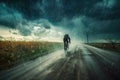 A man leisurely rides his bike down a dirt road, enjoying the fresh air and picturesque cloudy sky, A cyclist battling a windstorm