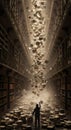 Man in library reaching for books falling from above. Concept of overwhelming information, knowledge, and learning. Royalty Free Stock Photo