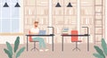 Man in library. Young man in public library interior with bookshelves, desks and laptop, bibliophile reads books flat vector