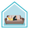 Man lie on sofa with gadget tablet in arms, male character rest, relax. Isolated on white, flat vector illustration