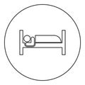 Man lies on bed sleeping concept Hotel sign icon in circle round black color vector illustration image outline contour line thin Royalty Free Stock Photo