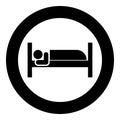 Man lies on bed sleeping concept Hotel sign icon in circle round black color vector illustration image solid outline style