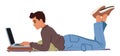 Man Lies On His Belly, Working On A Laptop With Proper Body Posture, Maintaining A Healthy And Ergonomic Position