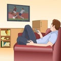 The man lies on a sofa and watching a football match on TV. Rest father after work.