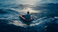 A man on a lifeboat sails on the open sea Royalty Free Stock Photo