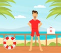 Man Lifeguard or Rescuer Supervising Safety and Rescuing Swimmers and Surfers Vector Illustration