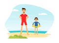 Man Lifeguard or Rescuer Supervising Safety and Rescuing Swimmers and Surfers Vector Illustration