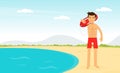 Man Lifeguard or Rescuer Supervising Safety and Rescuing Swimmers and Surfers Vector Illustration