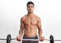 Man lifting barbell, portrait and fitness in gym, strength training and endurance with bodybuilding. Exercise, mockup Royalty Free Stock Photo