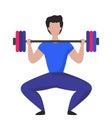 Man lifting heavy weight barbell. Cartoon male doing exercises with sport equipment. Gym advertising template, workout