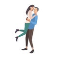 Man lifting woman. Boy embracing girl and laughing. Cute young couple in love. Boyfriend and girlfriend hugging. Flat Royalty Free Stock Photo