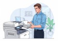 A man in a light blue shirt is using a copier in an office setting. He holds a stack of papers near Royalty Free Stock Photo
