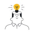 Man with a light bulb over his head. New idea, brainstorming, solution, problem solved, startup, innovation, creativity. Outline, Royalty Free Stock Photo
