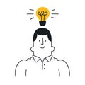 Man with a light bulb over his head. New idea, brainstorming, solution, problem solved, startup, innovation, creativity. Outline,
