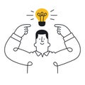 Man with a light bulb over his head. New idea, brainstorming, solution, problem solved, startup, innovation, creativity.