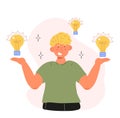 Man with lightbulb concept vector. Eureka, bingo illustration. motivate employee and finger pointing up.