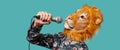 Man with a lion mask singing, web banner Royalty Free Stock Photo