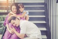 Man is listen pregnant of wife, asian handsome father take care mother and kid with couple and expect maternity have a happy Royalty Free Stock Photo