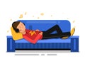 Man listening music and relaxing on sofa couch. Vector indoor illustration in flat style