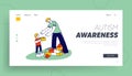 Man and Little Boy with Autism Syndrome Building Tower of Constructor Blocks Landing Page Template