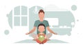 A man with a little boy sit in the lotus position. Yoga. Cartoon style. Royalty Free Stock Photo