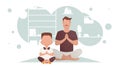 A man with a little boy are sitting and doing yoga in the room. Meditation. Cartoon style. Royalty Free Stock Photo