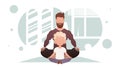 A man with a little boy are sitting meditating in the lotus position. Yoga. Cartoon style. Royalty Free Stock Photo