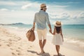 A man and a little girl enjoying a stroll on a beautiful beach, vacation and beach walk for quality bonding time together in the Royalty Free Stock Photo