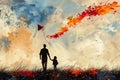Father and daughter are flying a kite. Copy space. The concept of Father\'s Day. Activities on weekends. Royalty Free Stock Photo
