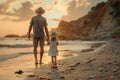 A man and a little girl are walking on the beach