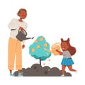Man and Little Girl Watering Money Tree Growing in Soil Vector Illustration Royalty Free Stock Photo