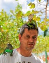 Man with lizards on head and shoulder. Royalty Free Stock Photo