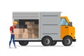 Man loading boxes in van flat illustration Royalty Free Stock Photo