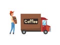 Man Loading Coffee Bags into Delivery Truck, Coffee Industry Production Stage Vector Illustration