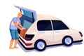 Man loading groceries into open trunk of car. Young happy guy putting food from supermarket in bag vector illustration Royalty Free Stock Photo